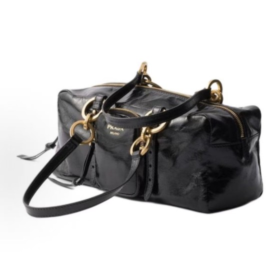 PRADA Dangle brand logo zipper opening single-shoulder handbag, medium size for women, black